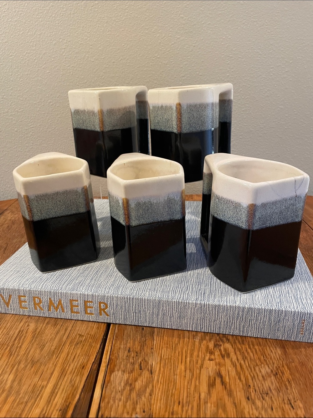 Rodolfo Padilla Signed MCM Geometric Stoneware Mug Drip Glaze Mexico - set of 5